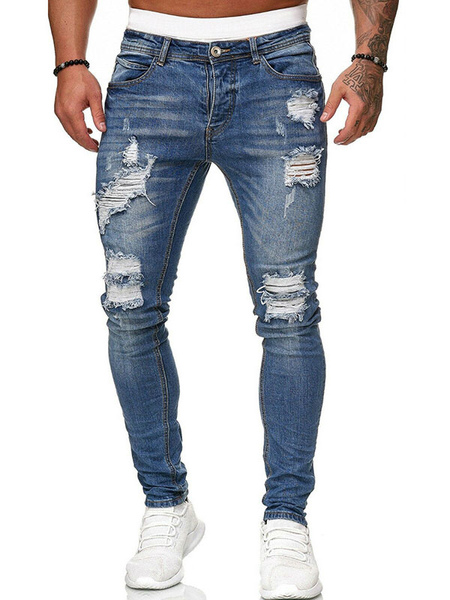 Men’s Jeans Jeans For Men Chic Distressed Antique Design Skinny Deep Blue Blue
