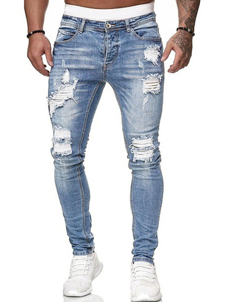 Men’s Jeans Jeans For Men Chic Distressed Antique Design Skinny Deep Blue Blue