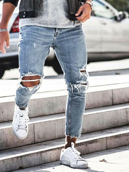 Men’s Jeans Men’s Fashion Jeans Chic Distressed Antique Design Skinny Light Sky Blue Light Sky Blue