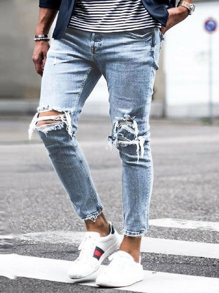Milanoo Men\\'s Jeans Men\'s Fashion Jeans Chic Distressed Antique Design Skinny Light Sky Blue Ligh