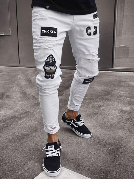 Men’s Jeans Men’s Fashion Jeans Chic Distressed Antique Design Skinny White Black