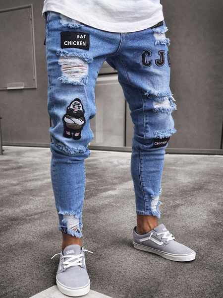 Milanoo Men\\'s Jeans Men\'s Fashion Jeans Chic Distressed Antique Design Skinny White Black