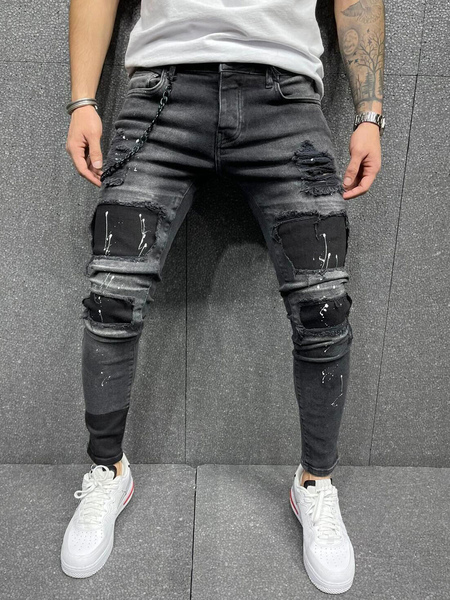 Men’s Jeans Men’s Fashion Jeans Chic Distressed Antique Design Skinny Black Black