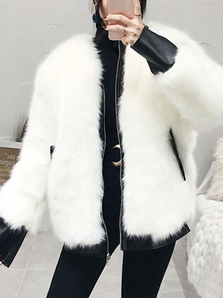 Milanoo Faux Fur Coats For Women Jewel Neck Long Sleeves Polyester White Short Winter Coat