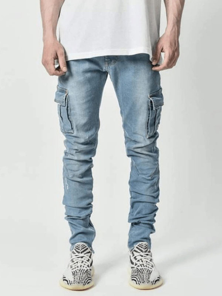 Milanoo Men Jeans Casual Distressed Antique Design Skinny Light Sky Blue Denim Pants