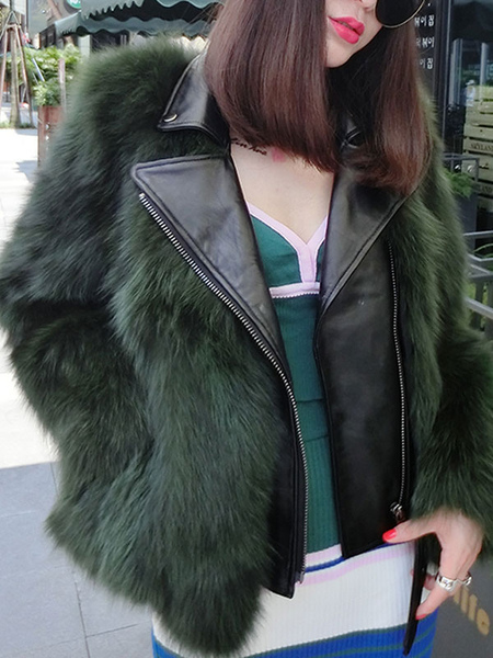 Milanoo Faux Fur Coats For Women Turndown Collar Long Sleeves Hunter Green Winter Coat