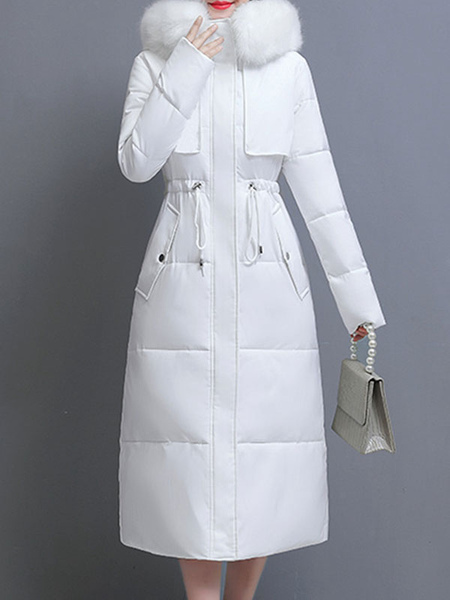 Milanoo Long Puffer Coats For Women White Hooded Faux Fur Collar Long Sleeves Polyester Cotton Winte
