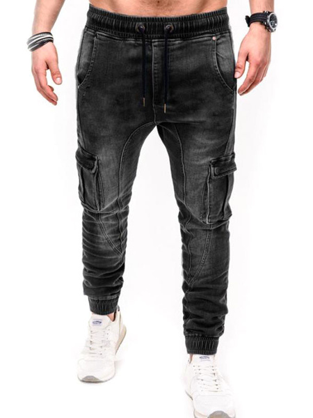 Men Fashion Jeans Casual Distressed Antique Design Skinny Black Denim Pants