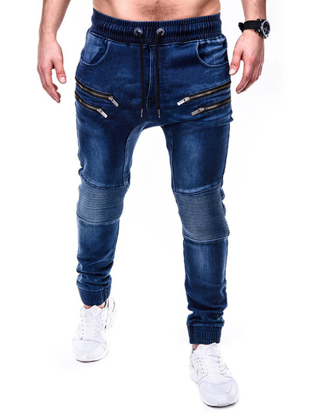 Men Jeans Chic Distressed Antique Design Skinny Blue Denim Pants