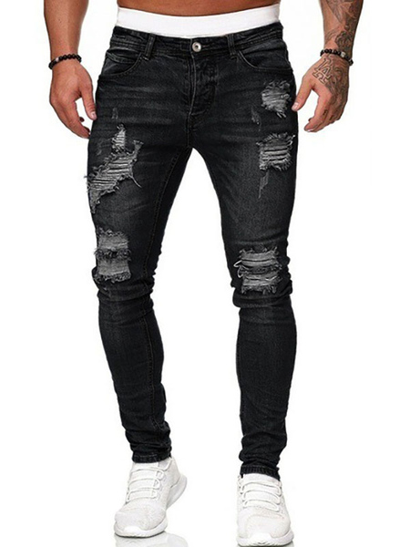Men Jeans Chic Distressed Antique Design Skinny Light Sky Blue Denim Pants