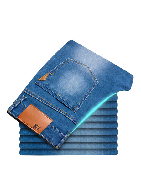 Men Jeans Chic Distressed Antique Design Skinny Light Sky Blue Denim Pants