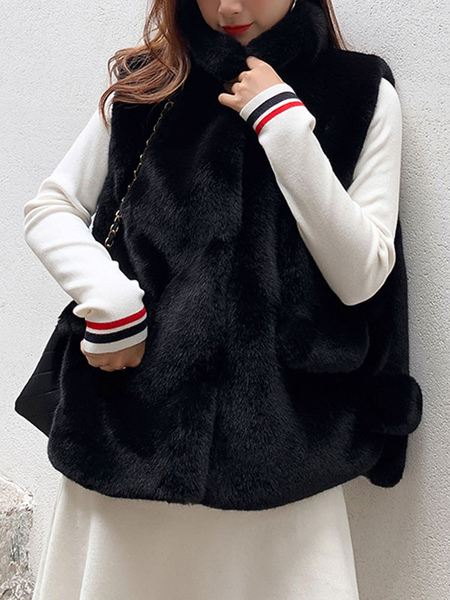Milanoo Faux Fur Coats Black Turndown Collar Sleeveless Polyester Velvet Coat