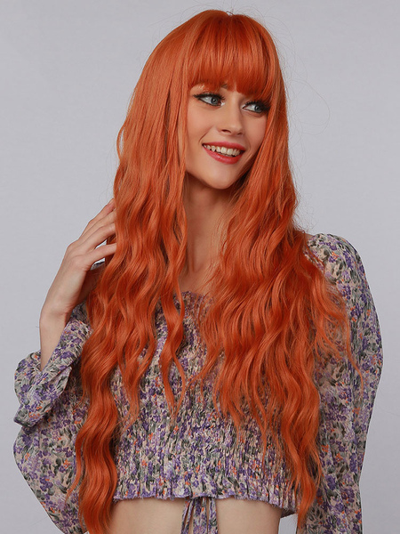 Image of Parrucca lunga da donna Parrucche sintetiche lunghe arruffate in fibra resistente al calore riccia arancione