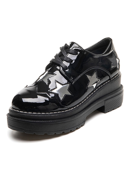 Milanoo Women's Stars Flatform Lace Up Oxfords in Black Patent Leather