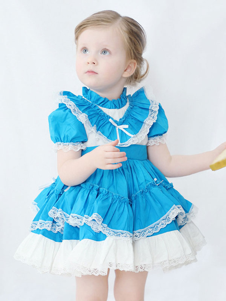 Milanoo Kids Sweet Lolita Dress Sky Blue Ruffles Lace Bows Short Sleeve Polyester Sweet Lolita One P