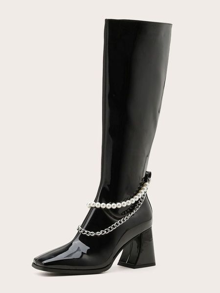 Milanoo Women's Pearl Chains Block Heel Knee High Boots