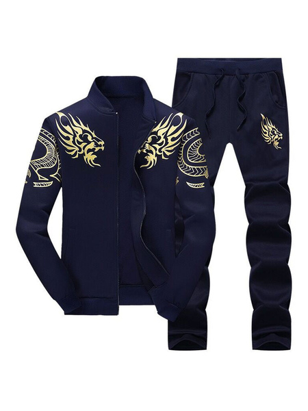 Milanoo Men Activewear 2-Piece Set Printed Long Sleeves Jewel Neck Dark Navy Activewear Outfit