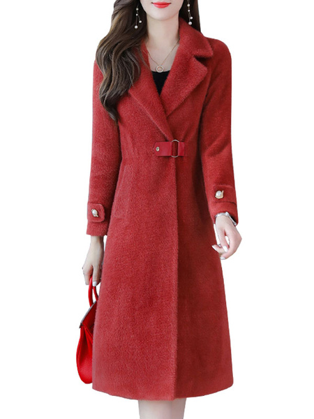 Milanoo Women Outerwear Turndown Collar Long Sleeves Buttons Casual Brick Red Long Winter Coat