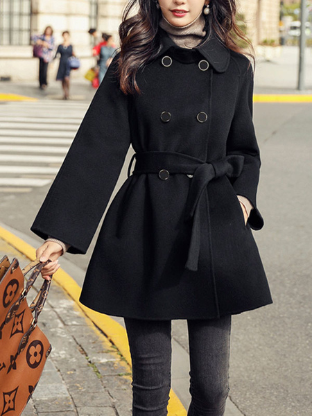 Milanoo Women Outerwear Turndown Collar Long Sleeves Buttons Casual Black Winter Coat
