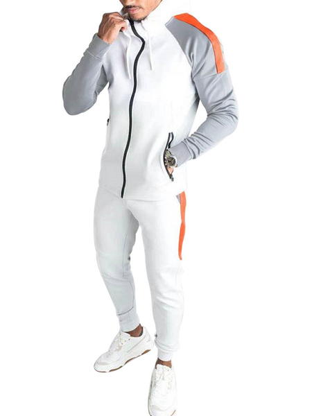 Milanoo Men Activewear 2-Piece Set Color Block Long Sleeves Stand Collar White Activewear Outfit