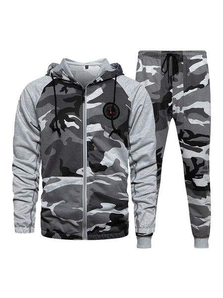 

Milanoo Men Activewear 2-Piece Set Camouflage Long Sleeves Hooded Grey Activewear Outfit, Grey;hunter green;khaki