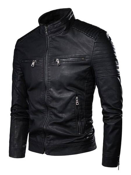 Milanoo Leather Jacket For Man Chic Windbreaker Fall Black Cool Winter Coats
