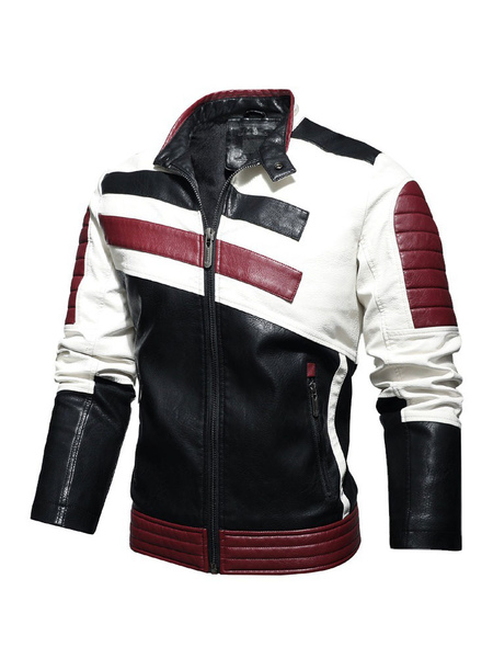 Milanoo Men Leather Jackets PU Leather Windbreaker Burgundy Fashion Cool Winter Coats