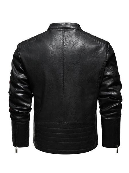 Milanoo Men Leather Jackets Words Print PU Leather Windbreaker Black Stylish Coats