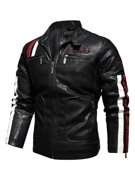 Milanoo Men Leather Jackets Words Print PU Leather Windbreaker Black Stylish Coats