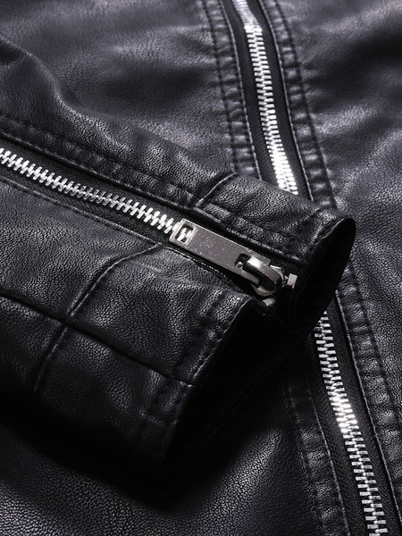 Men Leather Jacket Portrait Neckline Long Sleeves Casual Windbreaker Winter Black Stylish Coats