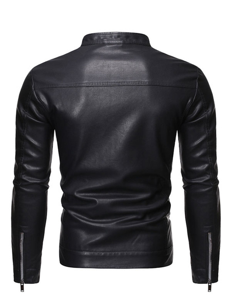 Men Leather Jacket Portrait Neckline Long Sleeves Casual Windbreaker Winter Black Stylish Coats