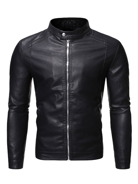 Milanoo Men Leather Jacket Portrait Neckline Long Sleeves Casual Windbreaker Winter Black Stylish Co