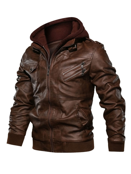 Milanoo Men Leather Jackets Zipper PU Leather Windbreaker Brown Fashion Coats