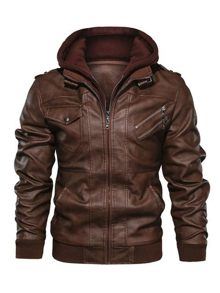 Men Leather Jackets Zipper PU Leather Windbreaker Brown Fashion Coats