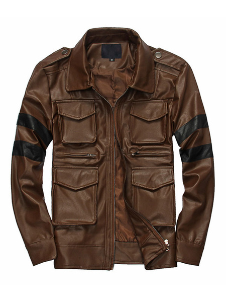 Men Leather Jackets PU Leather Long Sleeves Windbreaker Black Winter Coats