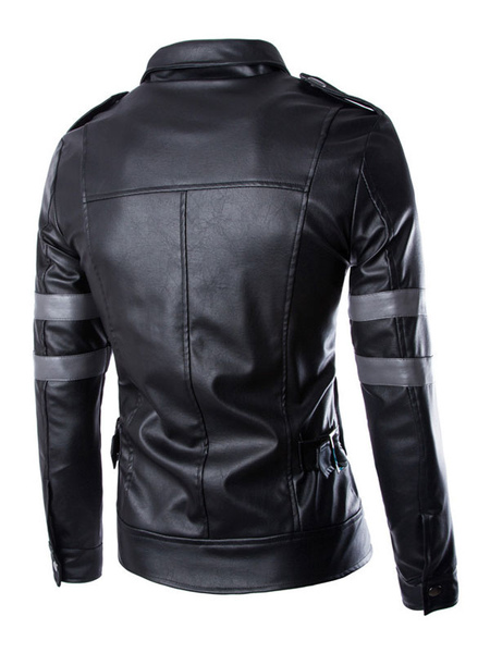Milanoo Men Leather Jackets PU Leather Long Sleeves Windbreaker Black Winter Coats