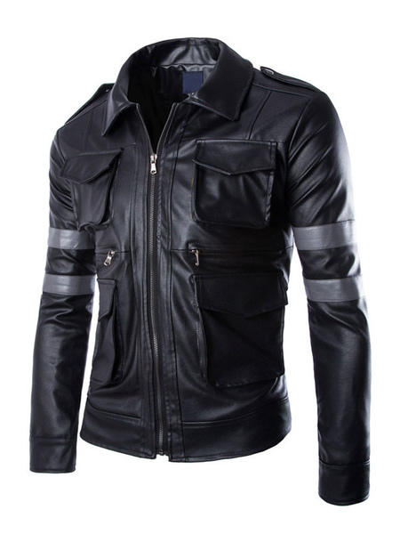 Milanoo Men Leather Jackets PU Leather Long Sleeves Windbreaker Black Winter Coats