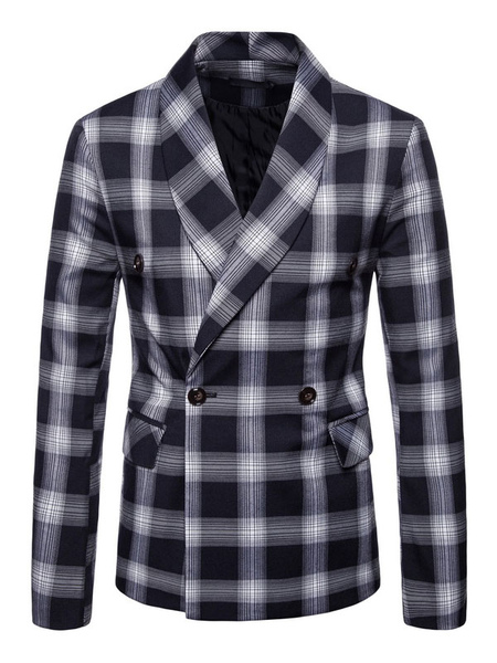 Milanoo Blazers & Jackets Men\\'s Casual Suits Plaid Business Casual Dark Navy Dark Navy Quality Men
