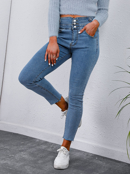 Milanoo Jeans For Woman Casual Zipper High Rise Waist Blue Denim Pants