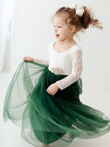 Milanoo White Flower Girl Dresses Jewel Neck Long Sleeves Floor Length A Line Lace Kids Party Dresse