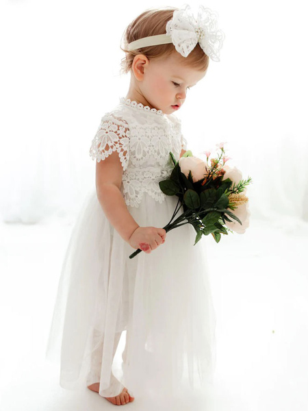 Milanoo White Flower Girl Dresses Jewel Neck Short Sleeves Ankle Length A Line Lace Kids Party Dress