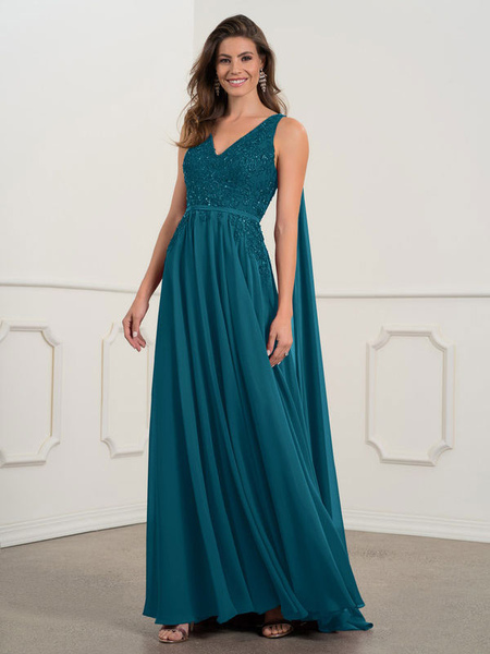 

Milanoo Teal Bridal Mother Dress V Neck Sleeveless A Line Lace Guest Dresses For Wedding