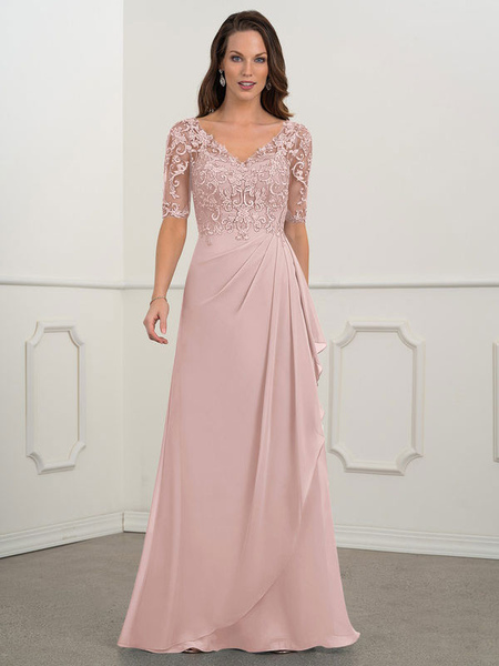 Milanoo Bridal Mother Dress Pink V Neck Short Sleeves A Line Lace Wedding Guest Dresses