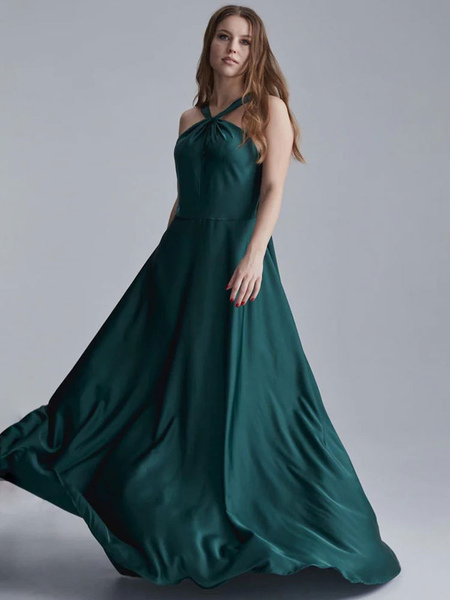 Milanoo Bridesmaid Dress A Line With Train Backless Polyester Deep Green Wedding Party Dress