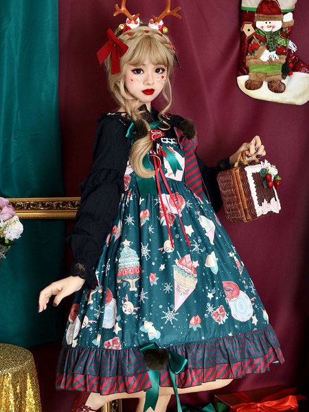 Milanoo Sweet Lolita JSK Dress Polyester Sleeveless Ruffles Deep Green Lolita Jumper Skirt