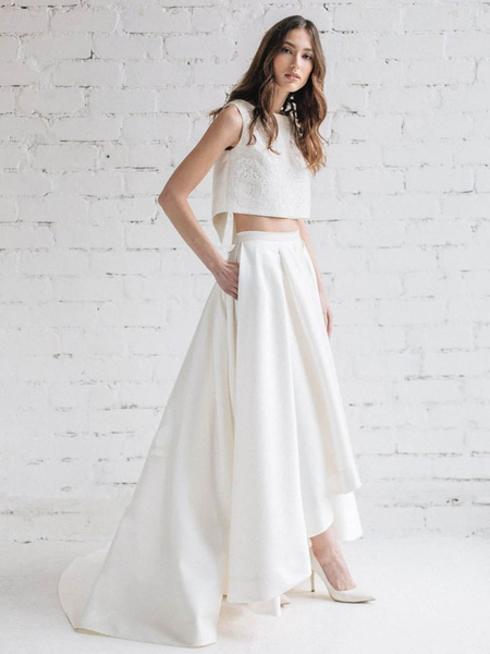 Milanoo Ivory Simple Wedding Dress Satin Fabric Jewel Neck Sleeveless Lace A Line Bridal Dresses