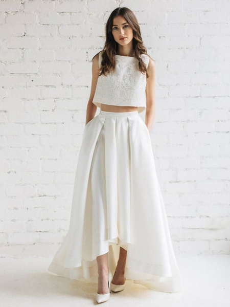 Milanoo Ivory Simple Wedding Dress Satin Fabric Jewel Neck Sleeveless Lace A Line Bridal Dresses