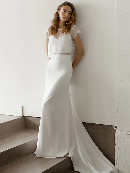 Milanoo Weißes einfaches Hochzeitskleid A-Linie Juwel-Ausschnitt mit kurzen Ärmeln Spitze lange Brau
