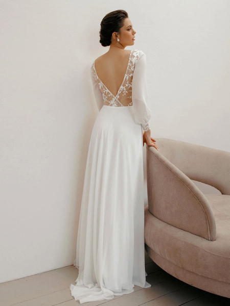 Milanoo Weißes einfaches Hochzeitskleid A-Linie Juwel-Ausschnitt mit langen Ärmeln Spitze lange Brau