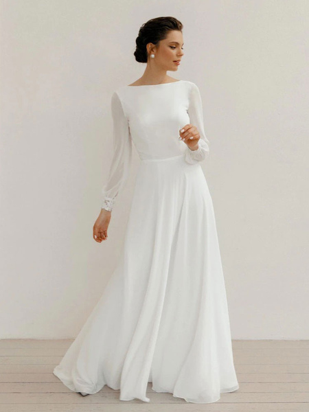 Milanoo Weißes einfaches Hochzeitskleid A-Linie Juwel-Ausschnitt mit langen Ärmeln Spitze lange Brau